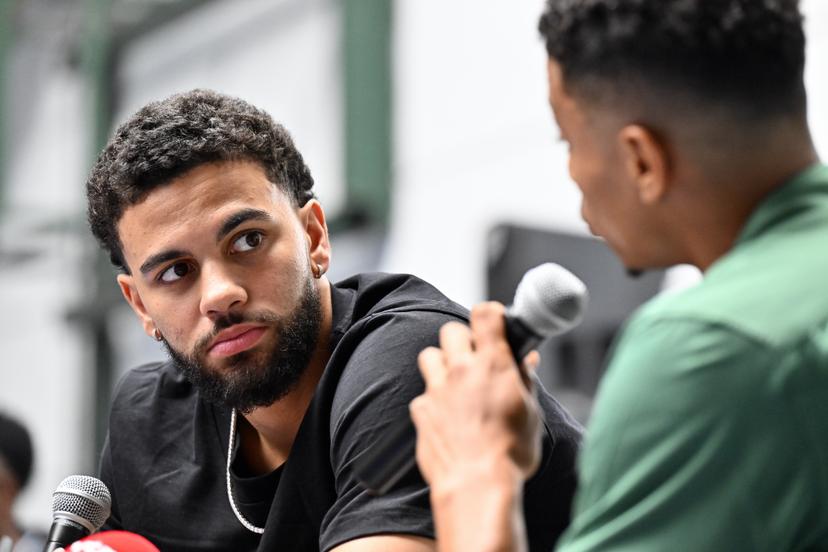 Ajay Mitchell pictured during a press conference regarding the NBA US basketball competition on Wednesday 30 July 2025 in Ans. Oklahoma City Thunder, featuring Belgian point guard Mitchell, won the league. BELGA PHOTO ERIC LALMAND