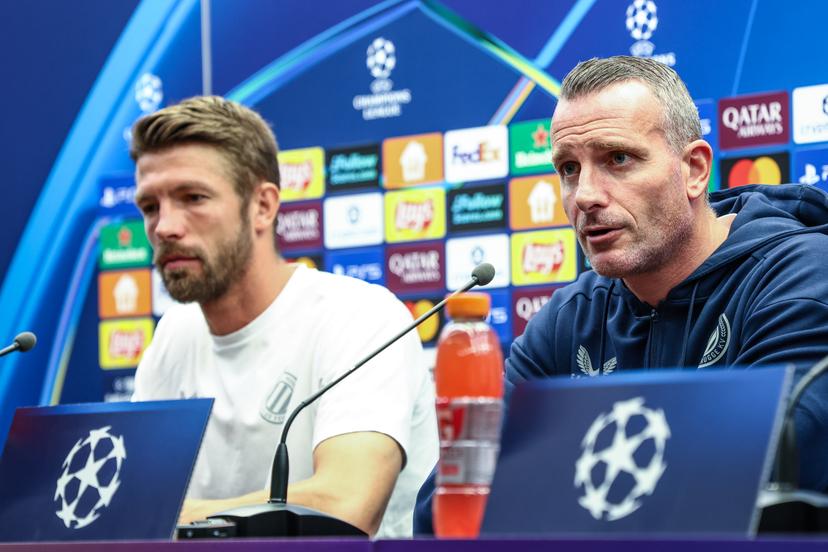Club's Brandon Mechele and Club's head coach Nicky Hayen pictured during a press conference of belgian soccer team Club Brugge, in Brugge, on Tuesday 26 August 2025. The team will play the scottish team Glasgow Rangers on Wednesday, on the second leg of play-offs of the Champions League tournament. BELGA PHOTO BRUNO FAHY
