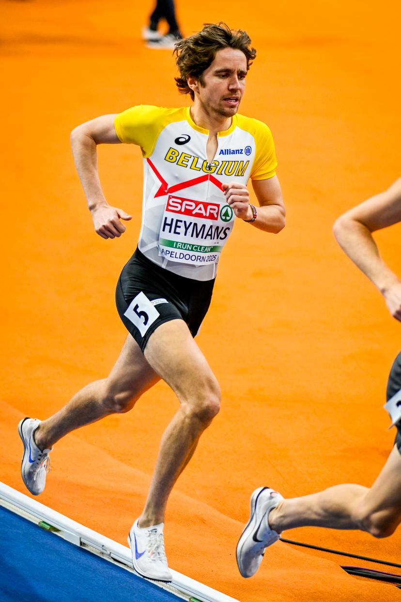 Belgian John Heymans pictured in action during the men's 3000m, at the European Athletics Indoor Championships, in Apeldoorn, The Netherlands, Saturday 08 March 2025. The championships take place from 6 to 9 March. BELGA PHOTO ERIC LALMAND