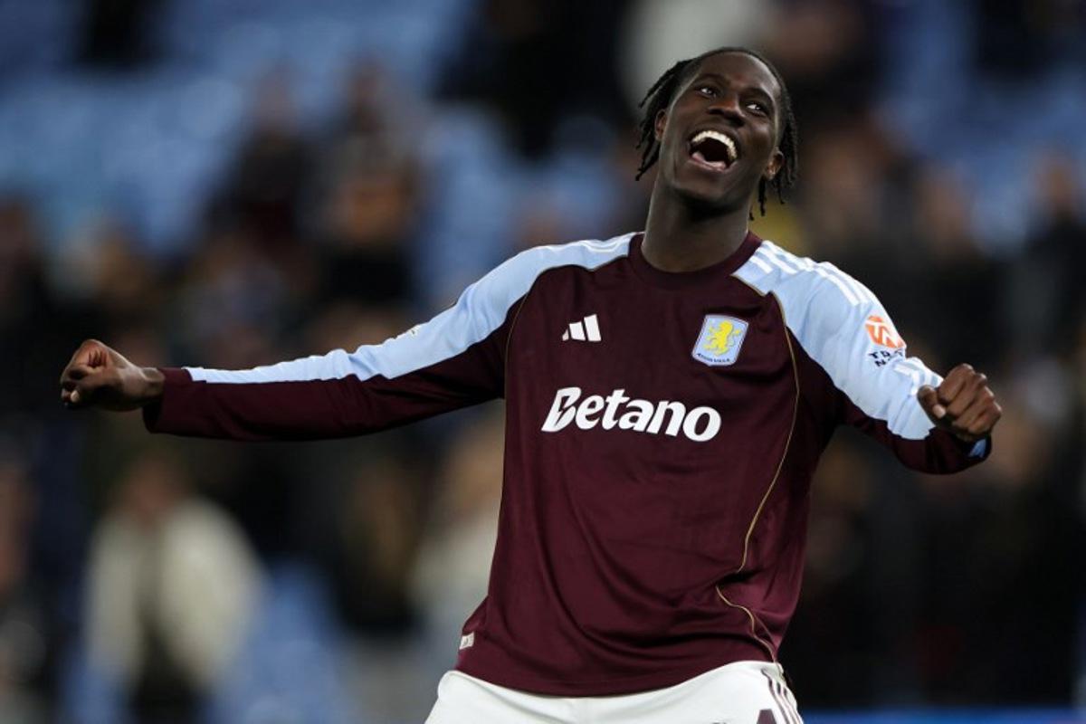 Aston Villa's Belgian midfielder #24 Amadou Onana celebrates after during the UEFA Europa League, quarter final second-leg football match between Aston Villa and Bologna at Villa Park in Birmingham, central England on April 16, 2026. Villa won the match 4-0. Darren Staples / AFP