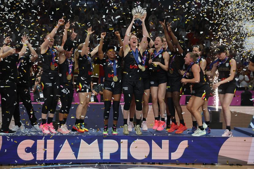 Belgium's captain Emma Meesseman celebrates this the cup on the podium after winning a basketball match between Spain and Belgian national team 'the Belgian Cats' on Sunday 29 June 2025 in Piraeus, Greece, the final of the FIBA Women's EuroBasket 2025.  BELGA PHOTO VIRGINIE LEFOUR