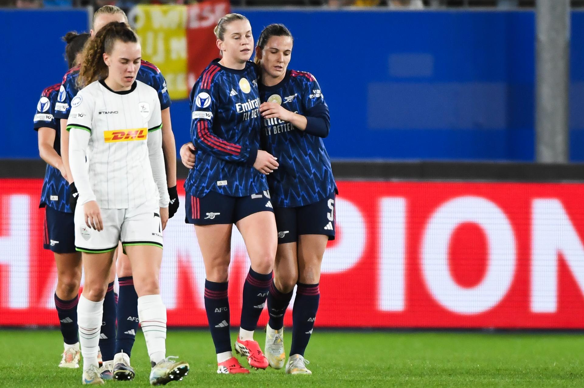 Arsenal?s Alessia Russo celebrates after scoring during a soccer match between Oud-Heverlee Leuven Women and English Arsenal, Wednesday 11 February 2026 in Heverlee, in the Knockout Play-offs (1st leg) phase of the UEFA Women's Champions League competition. BELGA PHOTO JILL DELSAUX