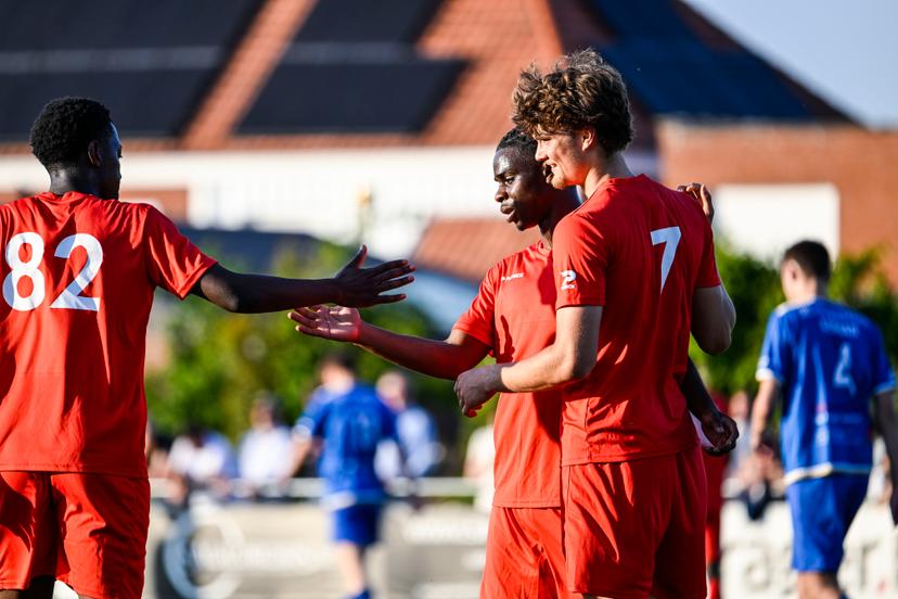 Essevee's Siebe Van Keymolen celebrates after scoring during a friendly soccer match between KSK Beveren-Leie and SV Zulte-Waregem, Wednesday 11 June 2025, in Beveren-Leie, in preparation of the upcoming 2025-2026 season. BELGA PHOTO TOM GOYVAERTS