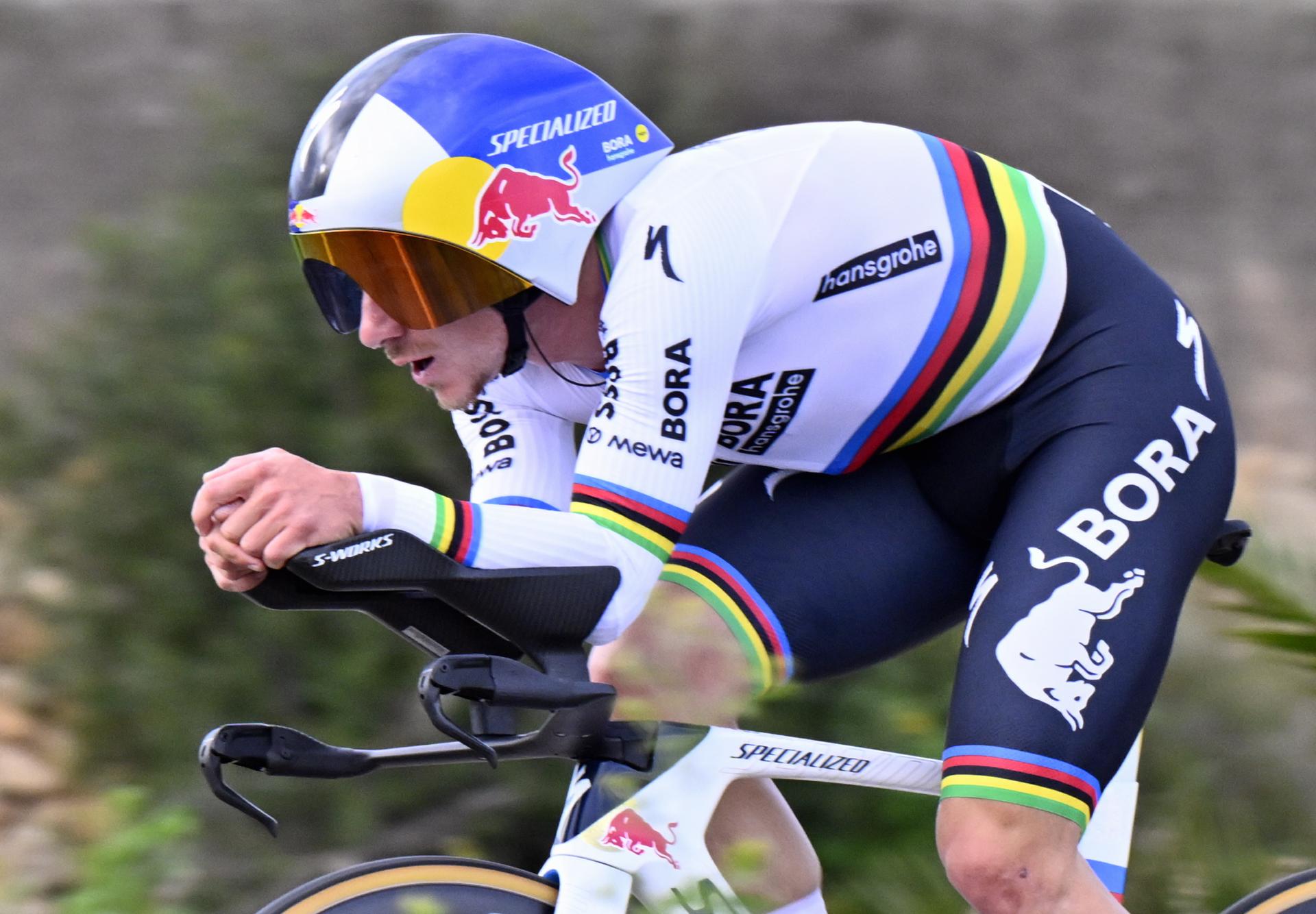 Belgian Remco Evenepoel of Red Bull-BORA-hansgrohe pictured in action during the Team Time Trial of the Trofeo Ses Salines Challenge Mallorca cycling race, 23,8km in Colonia de Sant Jordi, Mallorca, Spain on Thursday 29 January 2026. Belgian Evenepoel is participating in the first race in the colors of his new team Red Bull-Bora-Hansgrohe. BELGA PHOTO ERIC LALMAND