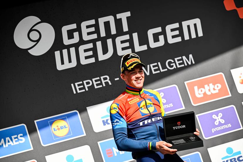 Danish Mads Pedersen of Lidl-Trek celebrates on the podium after winning the men elite 'Gent-Wevelgem - In Flanders Fields' one day cycling race, 250.3 km from Ieper to Wevelgem, Sunday 30 March 2025. BELGA PHOTO JASPER JACOBS