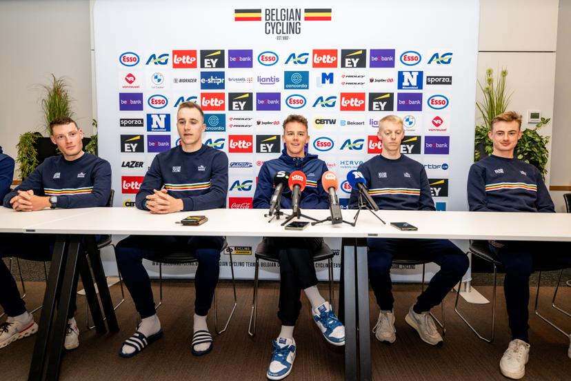 Belgian Joran Wyseure, Belgian Niels Vandeputte, Belgian Thibau Nys, Belgian Michael Vanthourenhout and Belgian Toon Vandebosch pictured during a press conference of the Belgian team ahead of the UCI Cyclocross World Championships in Hulst, The Netherlands, on Friday 30 January 2026, in Sint-Niklaas. BELGA PHOTO DAVID PINTENS