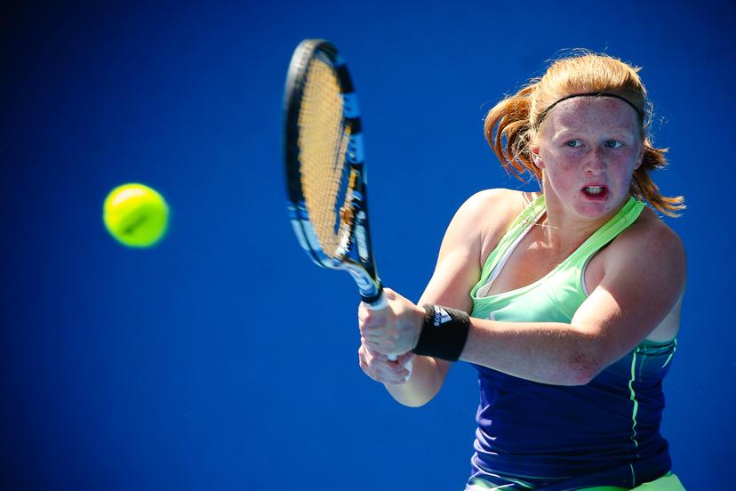 20160123 - MELBOURNE, AUSTRALIA: Belgian Lara Salden plays her first round game of Junior Girls Singles against Japanse  Mai Hontama at the 'Australian Open' tennis Grand Slam, Saturday 23 January 2016 in Melbourne Park, Melbourne, Australia. The first grand slam of the season takes place from 18 to 31 January. BELGA PHOTO PATRICK HAMILTON