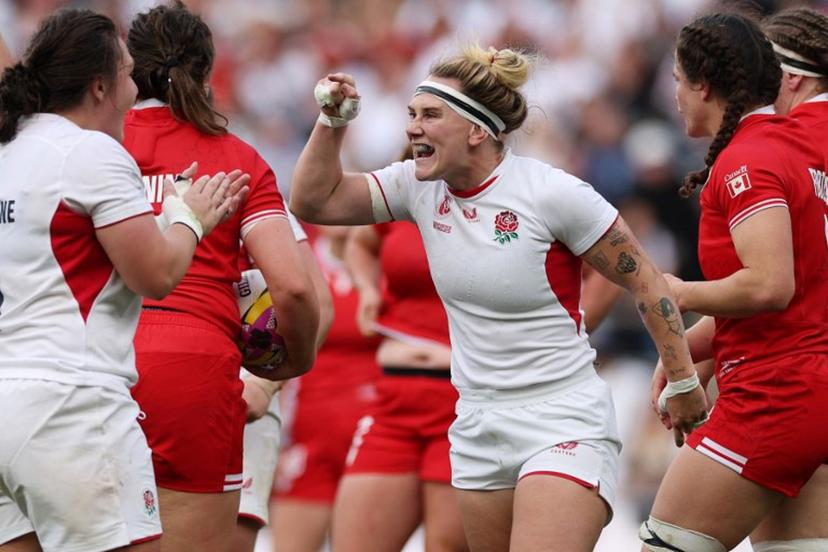 England's centre Megan Jones (C) reacts to a Canada mistake during the Women's Rugby World Cup final between Canada and England at The Allianz Stadium, Twickenham, south-west London on September 27, 2025.   Adrian Dennis / AFP
