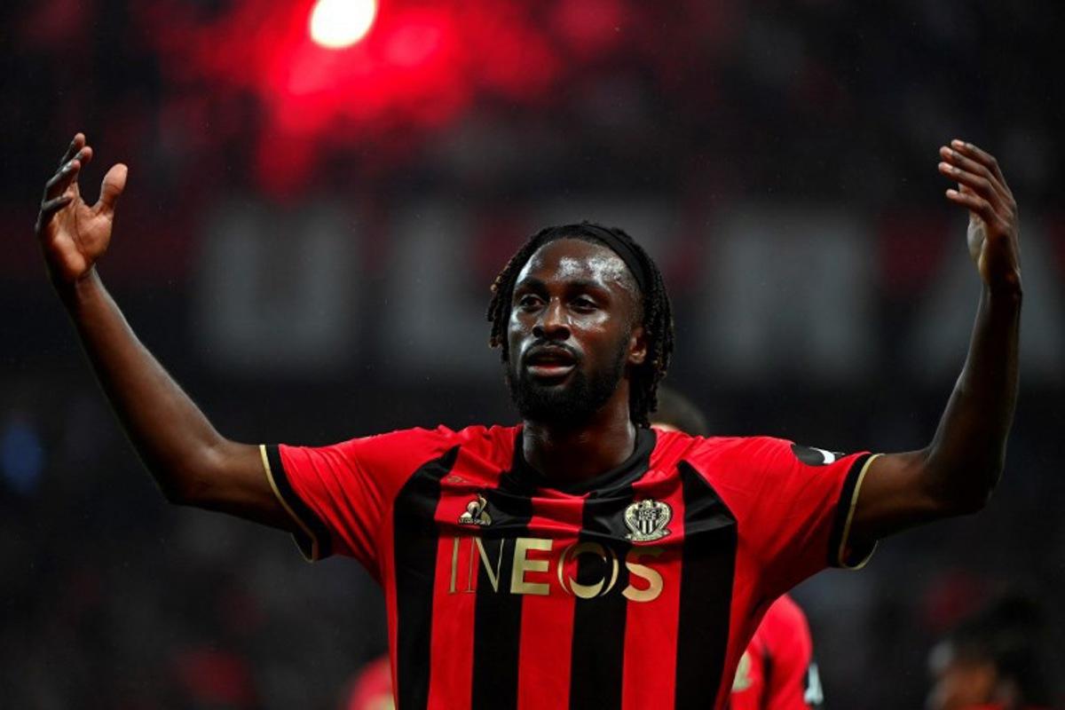 Nice's Ivorian forward #29 Evann Guessand celebrates after scoring a goal during the French L1 football match between OGC Nice and Stade Brestois 29 (Brest) at the Riviera Stadium in Nice, south-eastern France, on May 17, 2025.   Sylvain THOMAS / AFP