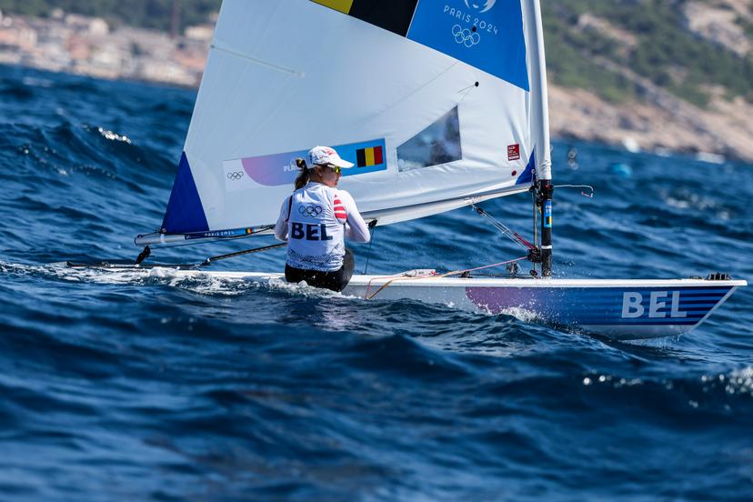 Emma PLASSCHAERT of Belgium competes in the Women's Dinghy ILCA class on day nine of the Olympic Games Paris 2024 at Marseille Marina on August 03, 2024 in Marseille, France. (Photo by Johnny Fidelin/Icon Sport) - BENELUX ONLY