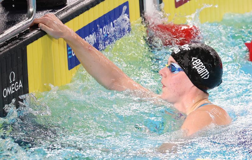Belgian Roos Vanotterdijk pictured after the semifinals of the 50m women butterfly event at the European Aquatics Championships in Paris, France on Tuesday 11 August 2026. BELGA PHOTO VIRGINIE LEFOUR