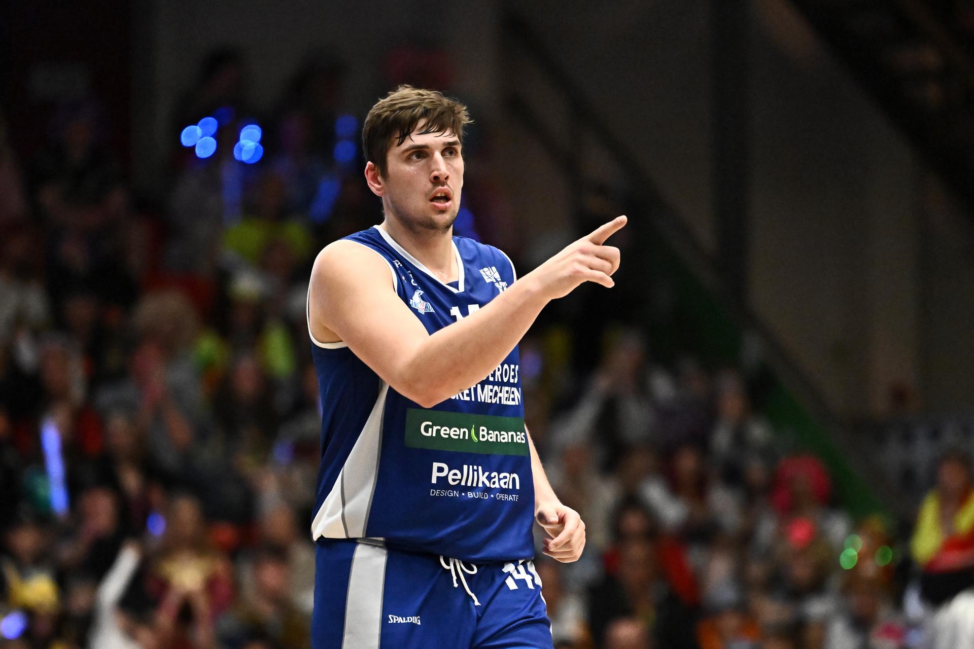 Mechelen Jonas Foerts pictured during a basketball match between Okapi Aalst and Kangoeroes Mechelen, Saturday 01 March 2025 in Aalst, on day 24 of the 'BNXT League' Belgian and Dutch first division basket championships. BELGA PHOTO MAARTEN STRAETEMANS