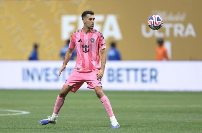 Inter Miami's Spanish midfielder #05 Sergio Busquets eyes the ball during the FIFA Club World Cup 2025 round of 16 football match between France's Paris Saint-Germain and US Inter Miami at the Mercedes-Benz Stadium in Atlanta on June 29, 2025.  CHARLY TRIBALLEAU / AFP
