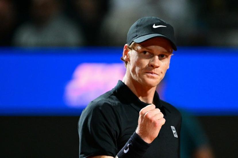 Italy's Jannik Sinner reacts during his men's singles semi-final match against USA's Tommy Paul for the ATP Rome Open tennis tournament at Foro Italico in Rome on May 16, 2025.   Tiziana FABI / AFP