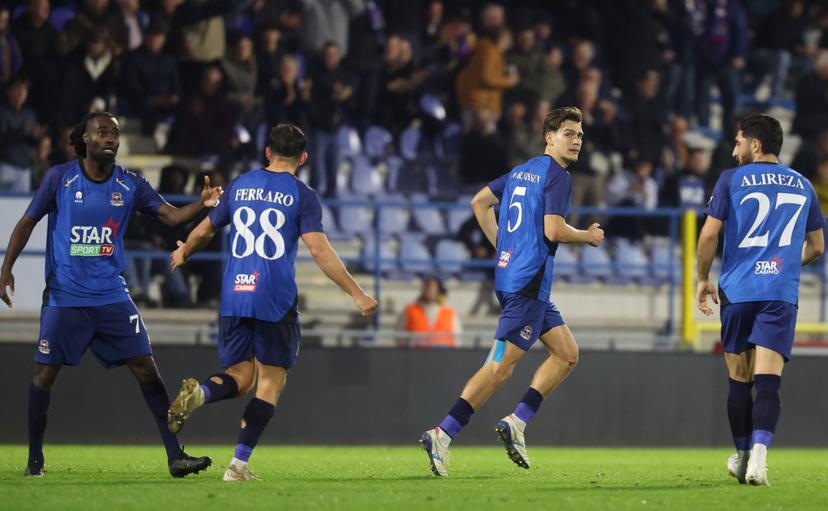 Dender's Luc Marijnissen celebrates after scoring during a soccer match between FCV Dender EH and Zulte Waregem, Friday 07 November 2025 in Denderleeuw, on day 14 of the 2025-2026 'Jupiler Pro League' first division of the Belgian championship. BELGA PHOTO VIRGINIE LEFOUR