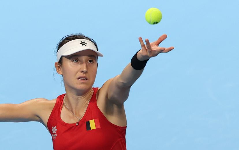 Begian Jana Otzipka pictured in action during a tennis match between Ukrainian Kalinina and Belgian Otzipka, the first rubber in the tie between Belgium and Ukraine in the Quarter Finals of the Billie King Cup tournament, on Thursday 24 September 2026 in Shenzhen, China. BELGA PHOTO VIRGINIE LEFOUR