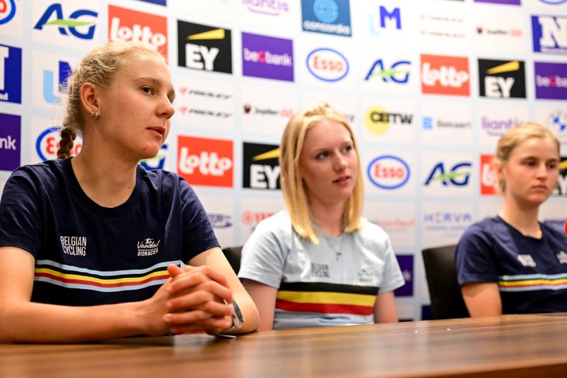 Belgian Lore De Schepper, Belgian Xaydee Van Sinaey and Belgian Fleur Moors pictured at a press conference at the cycling road World Championships, in Kigali, Rwanda, Tuesday 23 September 2025. The 2025 UCI Road World Championships take place from 21 to 28 September in Kigali, Rwanda. BELGA PHOTO DIRK WAEM