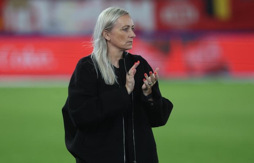 Belgium's head coach Elisabet Gunnarsdottir gestures during a soccer game between Belgium's national women's team the Red Flames and Poland, on Friday 9 October 2026 in Leuven, the first leg of the play-off for the 2027 FIFA Women's World Cup. BELGA PHOTO VIRGINIE LEFOUR
