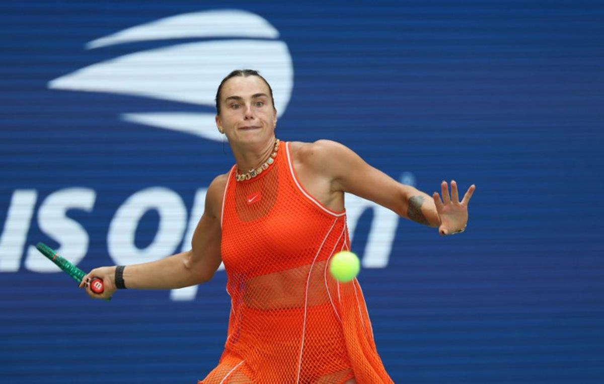 Belarus' Aryna Sabalenka plays a shot to Colombia's Camila Osorio during their women's singles first round tennis match on day two of the US Open tennis tournament at the USTA Billie Jean King National Tennis Center in New York on August 31, 2026.  TIMOTHY A. CLARY / AFP