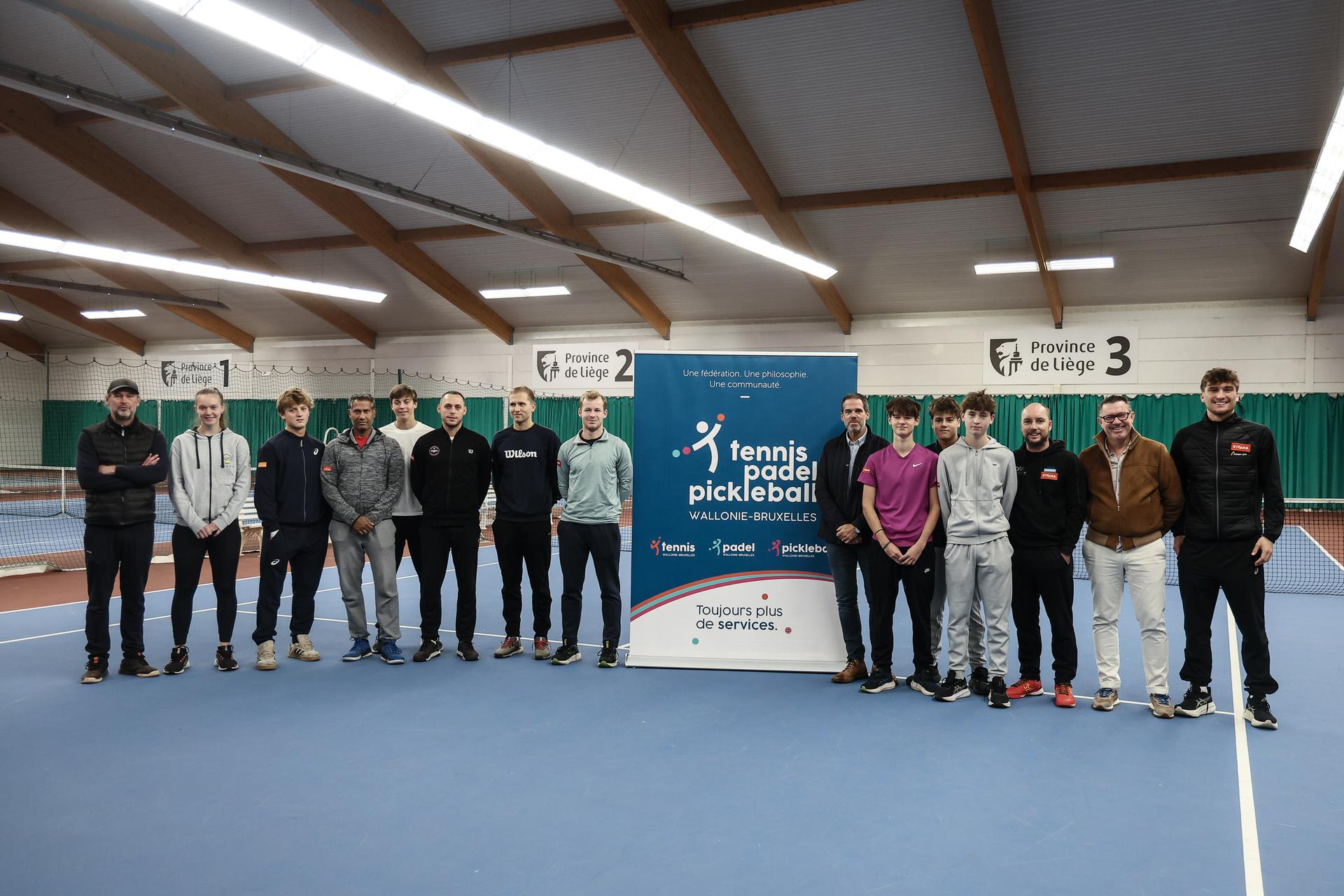 A family photo is made at a press conference of Tennis Padel Pickleball Wallonie-Bruxelles, in Huy, on Friday 19 December 2025. BELGA PHOTO BRUNO FAHY