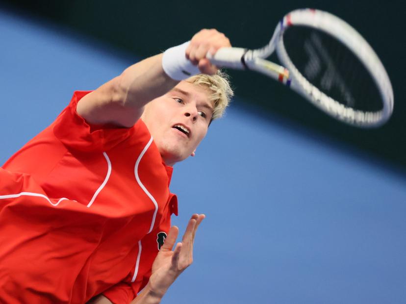 Belgian Alexander Blockx pictured during a game between Belgian Blockx and Chilean Garin, the second match in the Davis Cup qualifiers World Group tennis meeting between Belgium and Chile, Saturday 01 February 2025, in Hasselt. BELGA PHOTO BENOIT DOPPAGNE