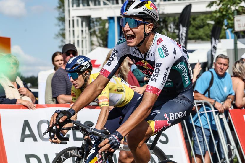 Italian Davide Donati (Red Bull Bora Hansgrohe) celebrates as he crosses the finish line to win the third stage of the Tour De Wallonie cycling race, from Estinnes to Antoing (165,3km), on Monday 28 July 2025. BELGA PHOTO BRUNO FAHY