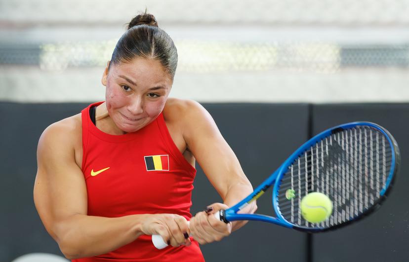 Belgian Sofia Costoulas pictured during the first game between Belgian Costoulas and Turkish Aksu in the Billie Jean King Cup Play-offs, between Belgium and Turkey, on Saturday 15 November 2025 in Ismaning, Germany. PHOTO BENOIT DOPPAGNE