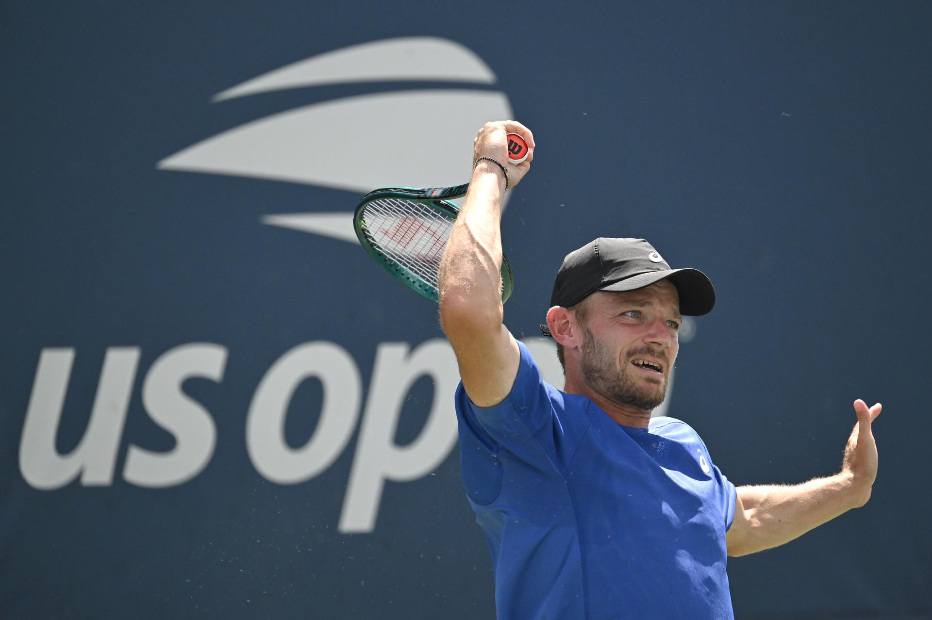 Belgian David Goffin pictured in action during a tennis match against French Halys, in the first round of the men's singles of the 2025 US Open Grand Slam tennis tournament in New York City, USA, Tuesday 26 August 2025. BELGA PHOTO TONY BEHAR