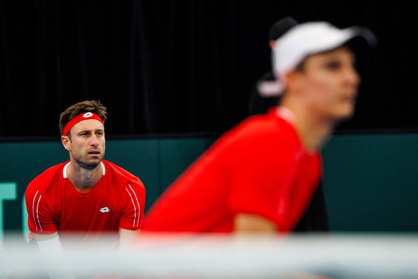 Belgian Sander Gille pictured in action duringa a tennis match between Belgian Vliegen/Gille and Australian Hijikata/Thompson, during the qualifier of the Davis Cup, Sunday 14 September 2025, in Sydney, Australia. Belgium and Australia will compete this weekend in the second round of the Davis Cup qualifiers. BELGA PHOTO PATRICK HAMILTON