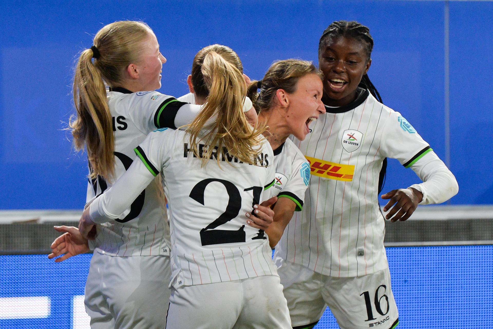 OHL Women's Sara Pusztai celebrates after scoring during a soccer match between Oud-Heverlee Leuven Women and Dutch FC Twente Vrouwen, Wednesday 15 October 2025 in Leuven, the second game in the league phase of the UEFA Women's Champions League competition. BELGA PHOTO JILL DELSAUX