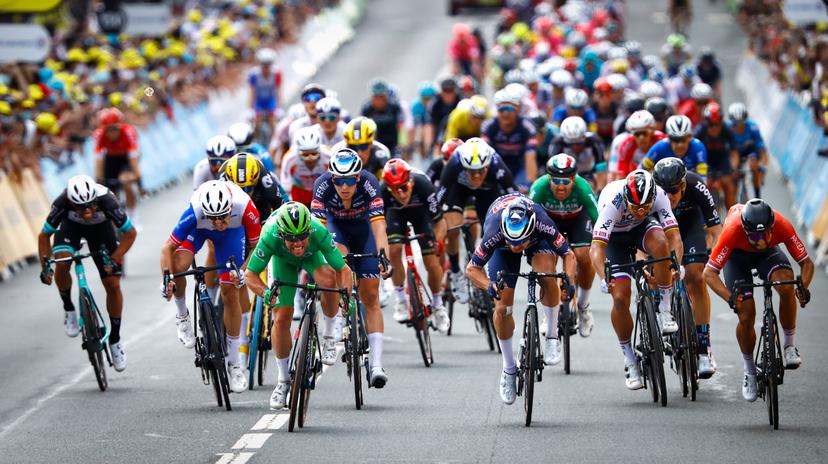 British Mark Cavendish of Deceuninck - Quick-Step and Belgian Jasper Philipsen of Alpecin-Fenix sprints to the finish of the sixth stage of the 108th edition of the Tour de France cycling race, 160,6km from Tours to Chateauroux, France, Thursday 01 July 2021. This year's Tour de France takes place from 26 June to 18 July 2021. BELGA PHOTO POOL LUCA BETTINI