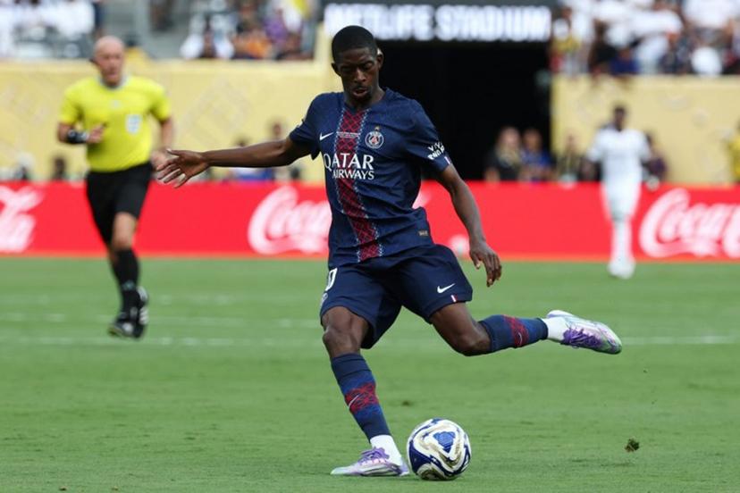 Paris Saint-Germain's French forward #10 Ousmane Dembele kicks the ball during the FIFA Club World Cup 2025 semifinal football match between France's Paris Saint-Germain and Spain's Real Madrid at the MetLife stadium in East Rutherford, New Jersey on July 9, 2025.  FRANCK FIFE / AFP