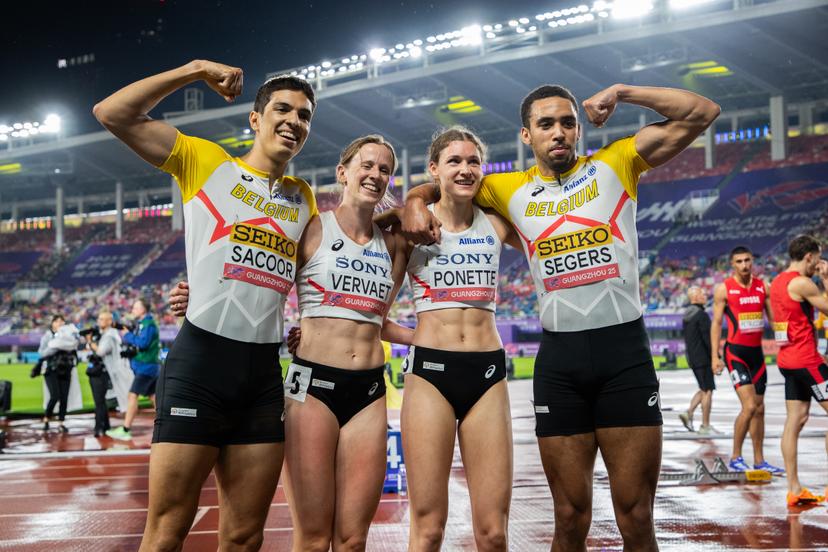 Belgian athletes Jonathan Sacoor, Imke Vervaet, Helena Ponette and Daniel Segers celebrate after the mixed 4x400m relay heats, at the world relay championships, on Saturday 10 May 2025 in Guangzhou, China. The world relay championships in Guangzhou take place from 10 to 11 May. BELGA PHOTO NIKOLA KRSTIC