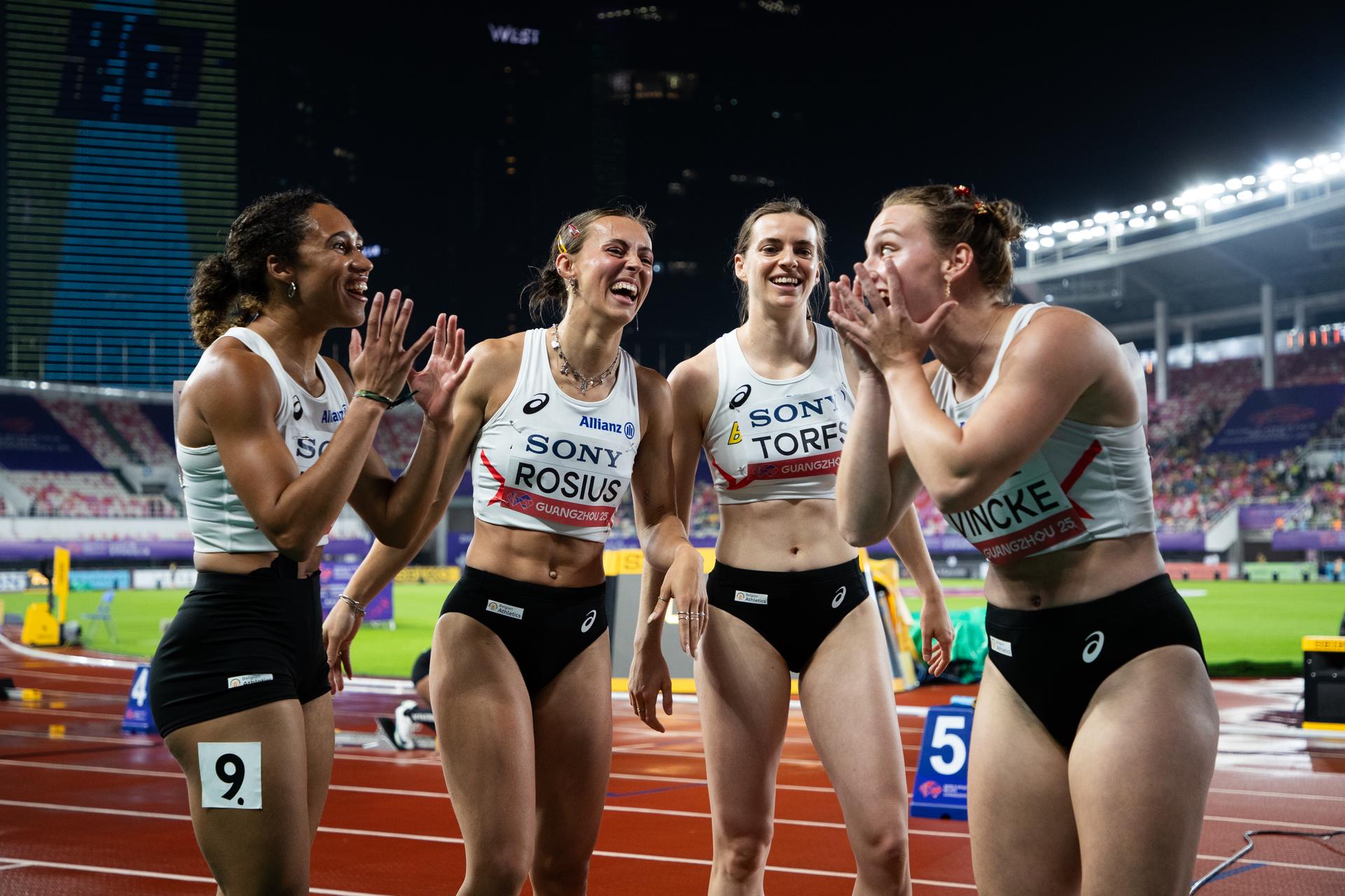 Belgians Delphine Nkansa, Rani Rosius, Lien Torfs and Rani Vincke celebrate after winning the women's 4x100m relay heats, at the world relay championships, on Saturday 10 May 2025 in Guangzhou, China. The world relay championships in Guangzhou take place from 10 to 11 May. BELGA PHOTO NIKOLA KRSTIC