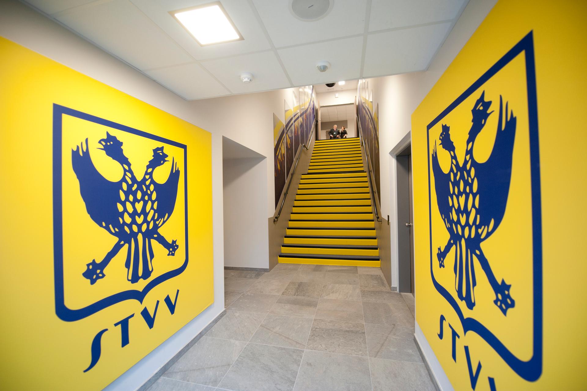 20150321 - SINT-TRUIDEN, BELGIUM: Illustration picture shows STVV logo in the corridor during the football match between STVV Sint-Truiden and Patro Eisden Maasmechelen, Saturday 21 March 2015 in Sint-Truiden, in the Belgian second division soccer league. BELGA PHOTO CHRISTOPHE KETELS