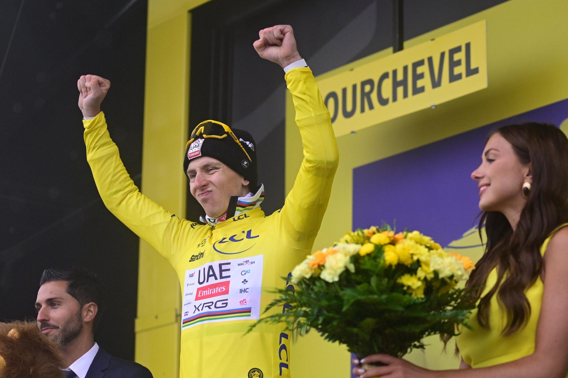 Slovenian Tadej Pogacar of UAE Team Emirates pictured on the podium after stage 18 of the 2025 Tour de France cycling race, from Vif to Courchevel Col de la Loze, on Thursday 24 July 2025 in France. The 112th edition of the Tour de France starts on Saturday 5 July in Lille, France, and will finish in Paris, France on the 27th of July.   BELGA PHOTO DIRK WAEM