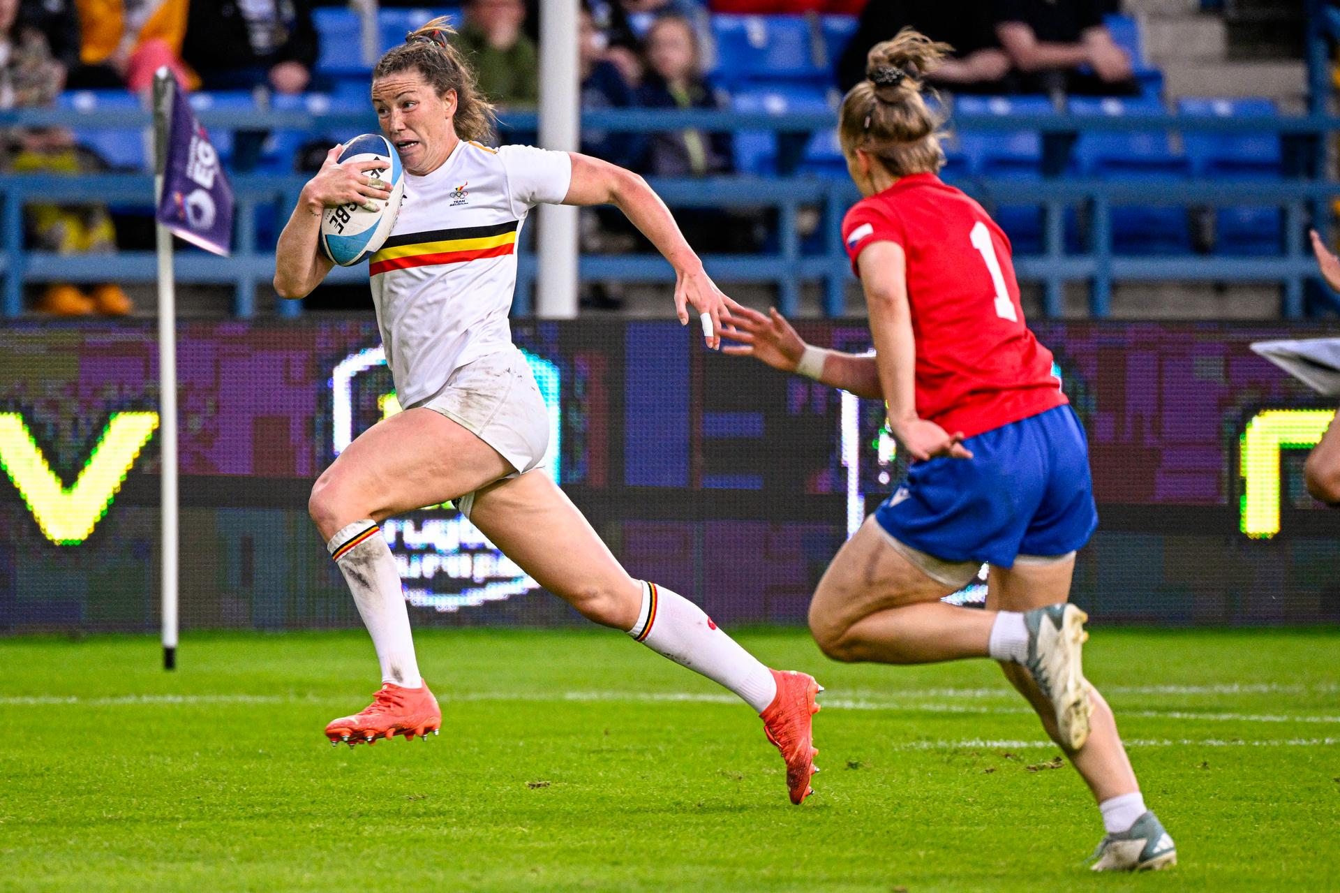 Belgium's Cecile Blondiau pictured in action during a rugby match between Belgium and Czech Republic for the third place, a at the women's Rugby Sevens tournament, at the European Games in Krakow, Poland on Tuesday 27 June 2023. The 3rd European Games, informally known as Krakow-Malopolska 2023, is a scheduled international sporting event that will be held from 21 June to 02 July 2023 in Krakow and Malopolska, Poland. BELGA PHOTO LAURIE DIEFFEMBACQ