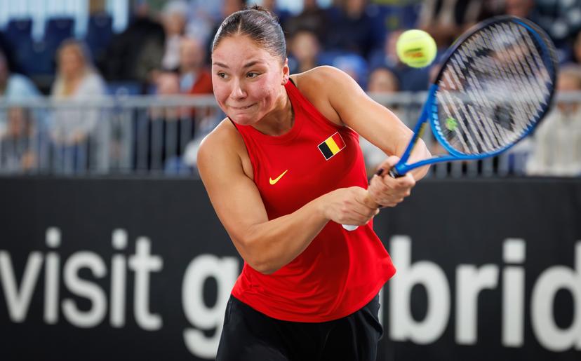 Belgian Sofia Costoulas pictured during the first game between Belgian Costoulas and Turkish Aksu in the Billie Jean King Cup Play-offs, between Belgium and Turkey, on Saturday 15 November 2025 in Ismaning, Germany. PHOTO BENOIT DOPPAGNE