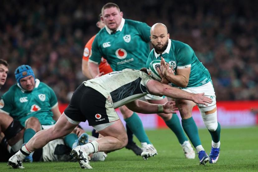 Ireland's scrum-half Jamison Gibson-Park is tackled during the Six Nations international rugby union match between Ireland and Wales at the Aviva Stadium in Dublin, on March 6, 2026.  Paul Faith / AFP
