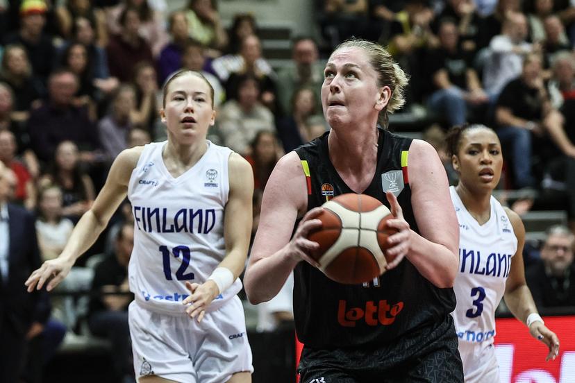 Belgium's Emma Meesseman pictured in action during a basketball game between Belgian national team the Belgian Cats and Finland, Thursday 13 November 2025 in Leuven, a qualification game (1/6) for the 2027 Eurobasket tournament. BELGA PHOTO BRUNO FAHY