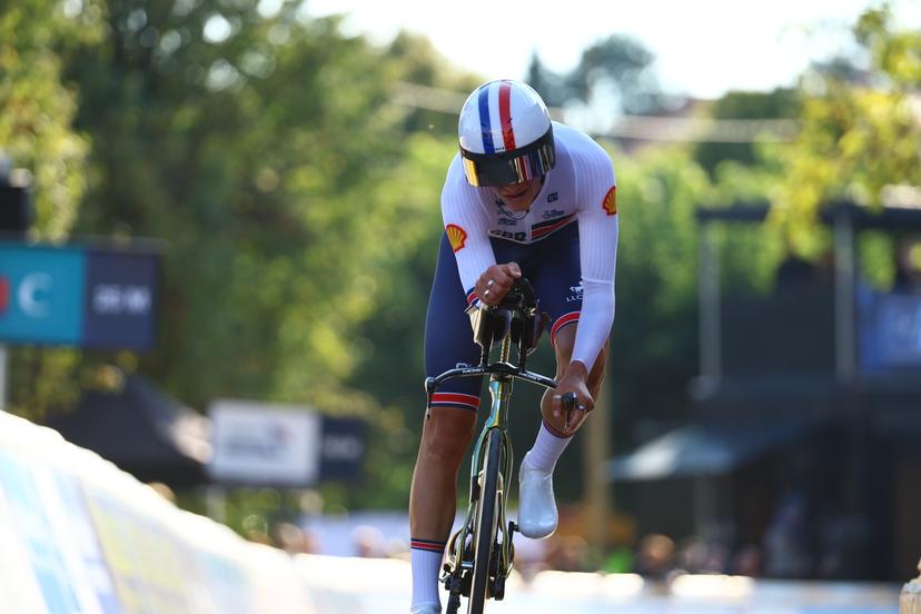 British Joshua Michael Tarling pictured at the arrival of the 24 km time trial of the Men Elite category at the UEC road European cycling championships, Wednesday 01 October 2025, in Loriol-sur-Drome, France. The European cycling championships Drome-Ardeche takes place from 1 to 5 October, France. BELGA PHOTO DAVID PINTENS