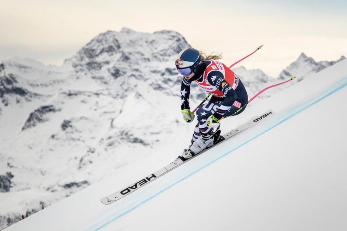 US Lindsey Vonn skies during the women's downhill training as part of the FIS Alpine ski World Cup 2025-2026, in St. Moritz, south-eastern Switzerland on December 11, 2025.  Fabrice COFFRINI / AFP