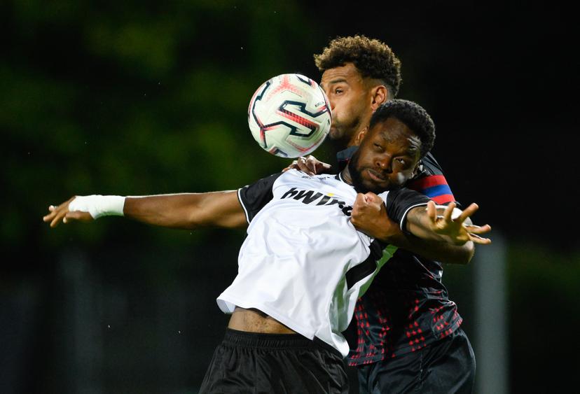 Eupen's Ba-Muaka Simakala and Liege's Pierre-Yves Ngawa fight for the ball during a soccer match between KAS Eupen and RFC Liege, Saturday 19 September 2026 in Eupen, on day 6 of the 2026-2027 'Challenger Pro League' second division of the Belgian championship. BELGA PHOTO JOHN THYS