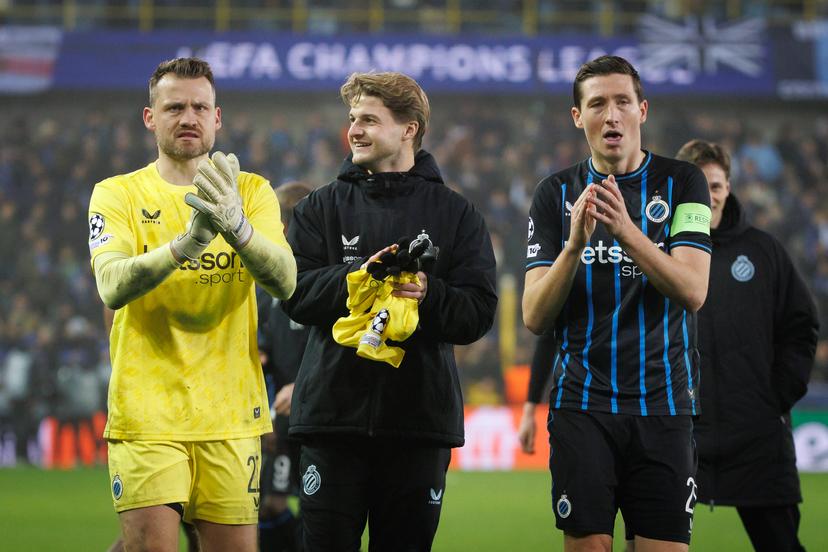 Club's goalkeeper Simon Mignolet, Club's goalkeeper Nordin Jackers and Club's Hans Vanaken celebrate after winning a soccer game between Belgian Club Brugge and French Olympique de Marseille, Wednesday 28 January 2026 in Brugge, on day eight of the League phase of the UEFA Champions League tournament. BELGA PHOTO KURT DESPLENTER
