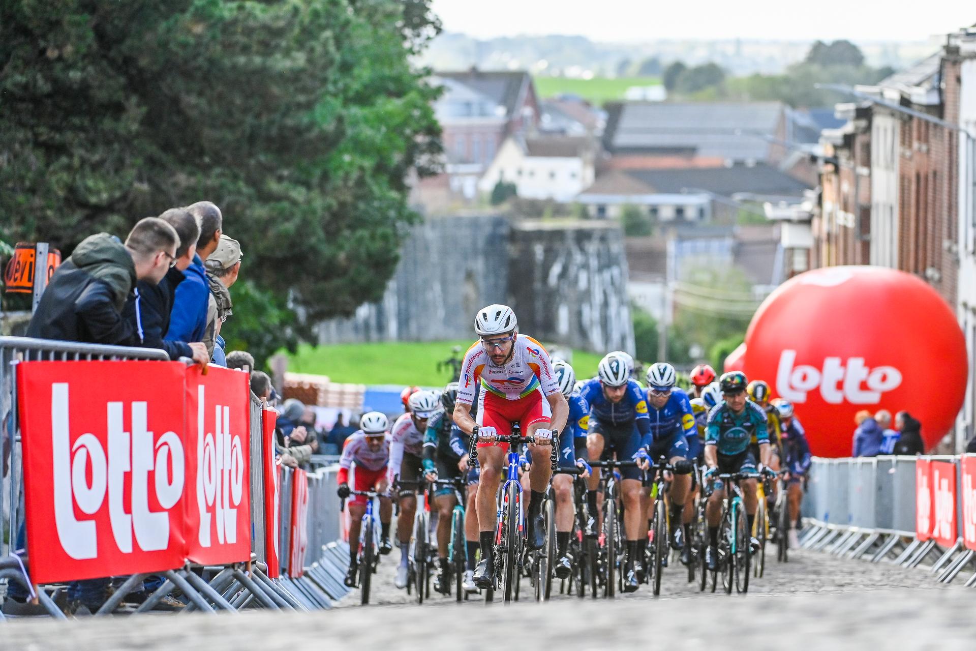 Riders pictured in action during the 'Binche-Chimay-Binche Memorial Frank Vandenbroucke' one day cycling race of 198,6 km, Tuesday 05 October 2021. BELGA PHOTO LAURIE DIEFFEMBACQ