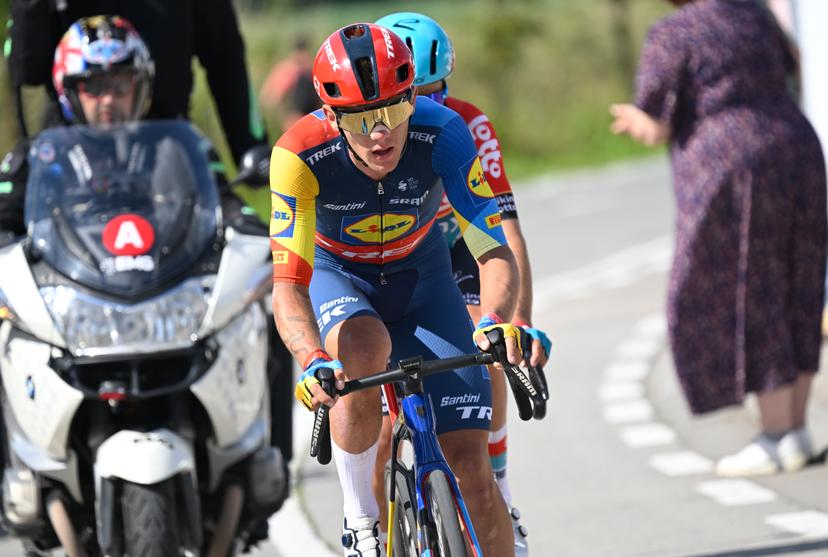 Belgian Thibau Nys of Lidl-Trek and Belgian Arjen Livyns of Lotto Dstny pictured in action during the men's elite race of the Belgian Championships cycling, 220 km, from Sint-Lievens-Houtem to Zottegem, on Sunday 23 June 2024. BELGA PHOTO POOL TOM GOYVAERTS