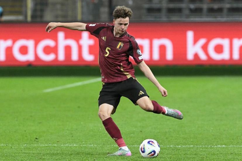 Belgium's midfielder #05 Maxim De Cuyper shoots the ball during the FIFA World cup 2026 1st round day 6, Group J qualification football match between Belgium and Kazakhstan, at the Lotto Park stadium in Anderlecht, Brussels Capital Region, on September 7, 2025.  NICOLAS TUCAT / AFP