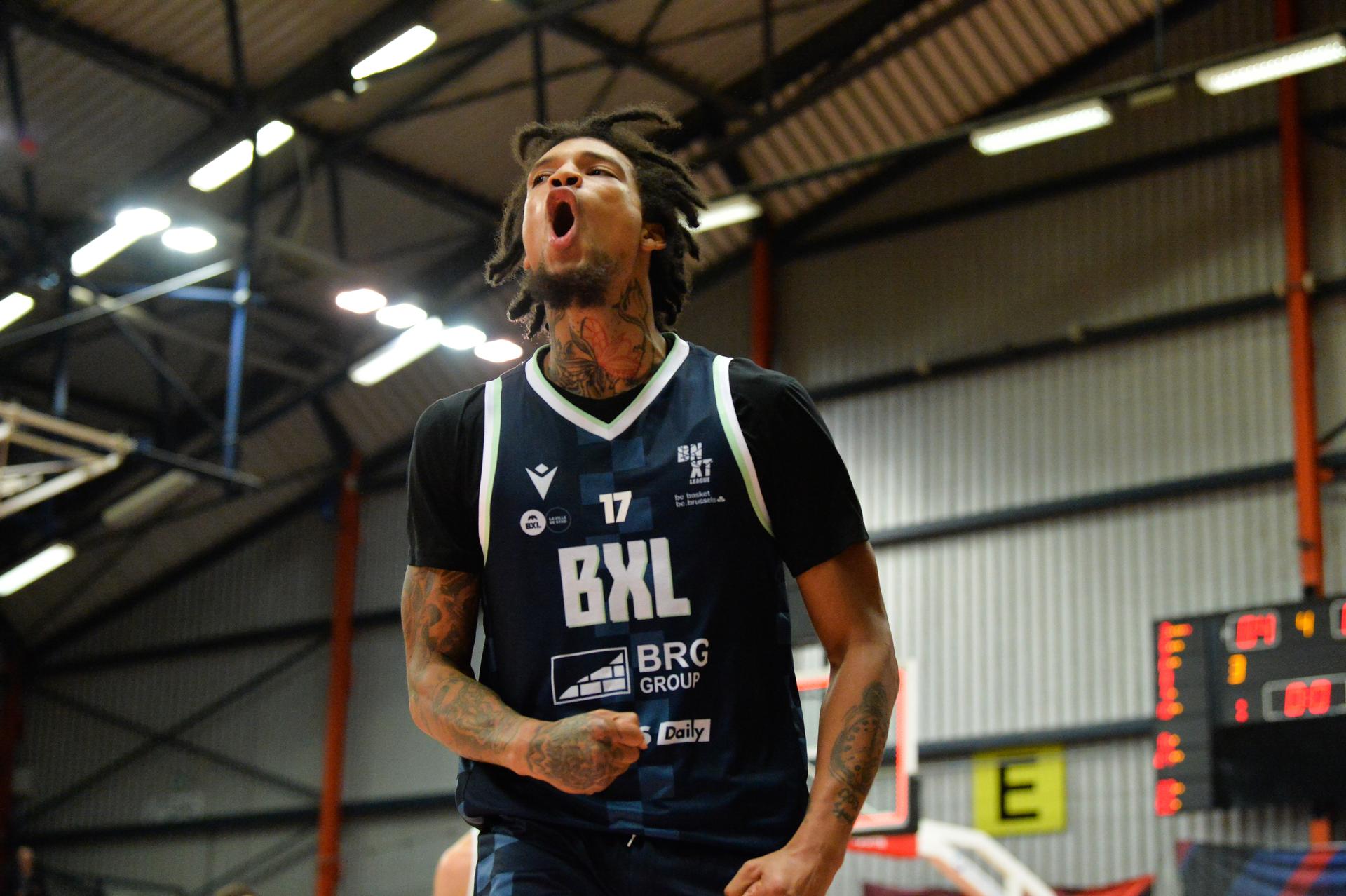 Brussels' Demetric Horton reacts during a basketball match between Limburg United and Brussels, Friday 03 October 2025 in Mechelen, on day 2 of the 'BNXT League' Belgian/ Dutch first division basket championship. BELGA PHOTO JILL DELSAUX