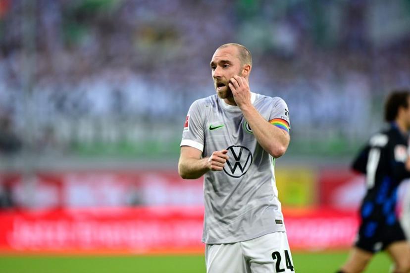 Wolfsburg's Danish midfielder #24 Christian Eriksen reacts during the German Bundesliga relegation second-leg football match between SC Paderborn 07 and VfL Wolfsburg in Paderborn on May 25, 2026.  Ina FASSBENDER / AFP