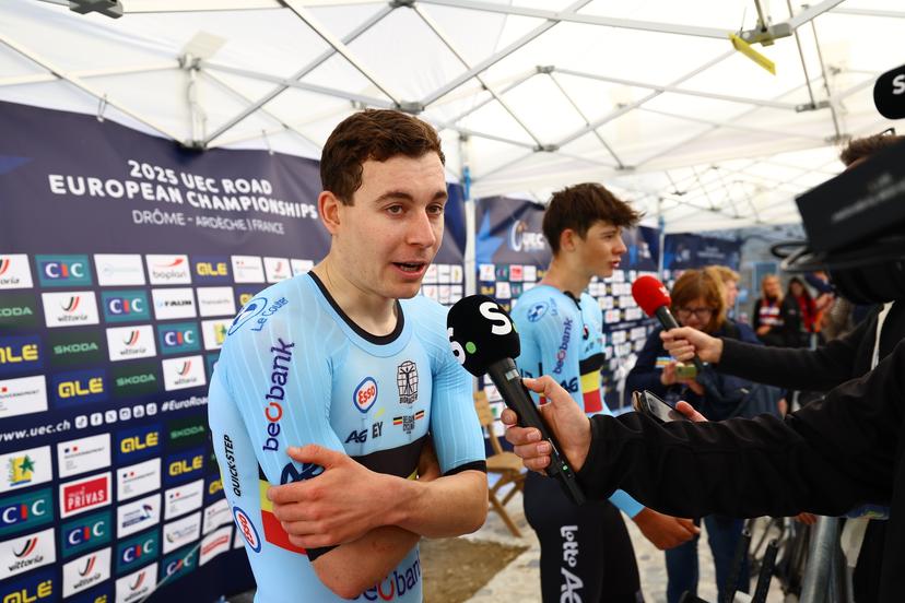 Belgian Jonathan Vervenne talks to the press after winning the 24 km time trial of the men U23 category at the UEC road European cycling championships, Wednesday 01 October 2025, in Loriol-sur-Drome, France. The European cycling championships Drome-Ardeche takes place from 1 to 5 October, France. BELGA PHOTO DAVID PINTENS